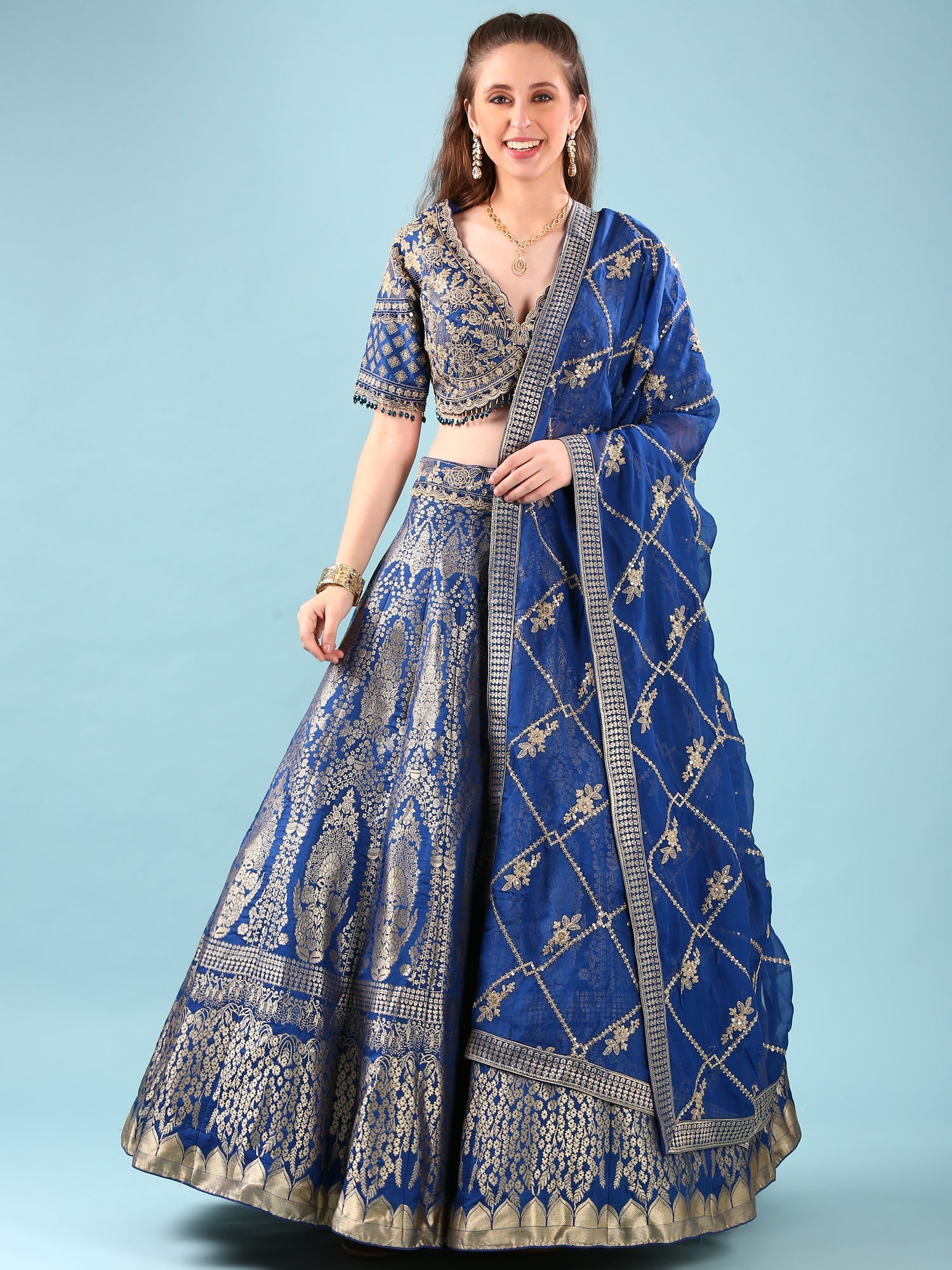 Blue Silk Hand Embroidery Ghagra Set