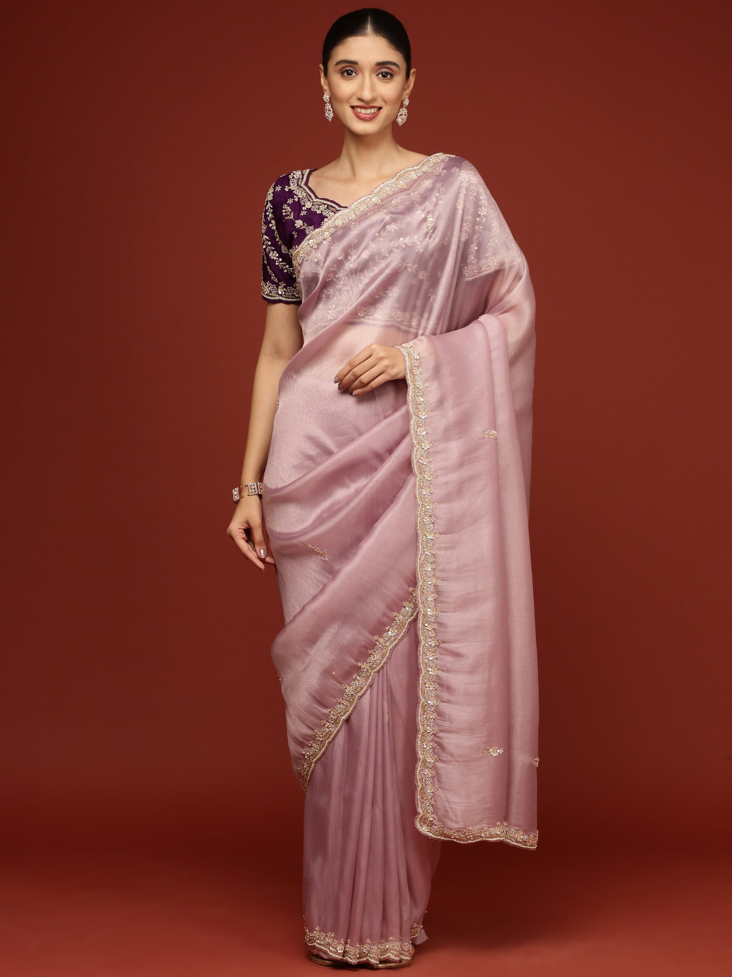 Lilac Tissue Saree With Stone Work Readymade Blouse