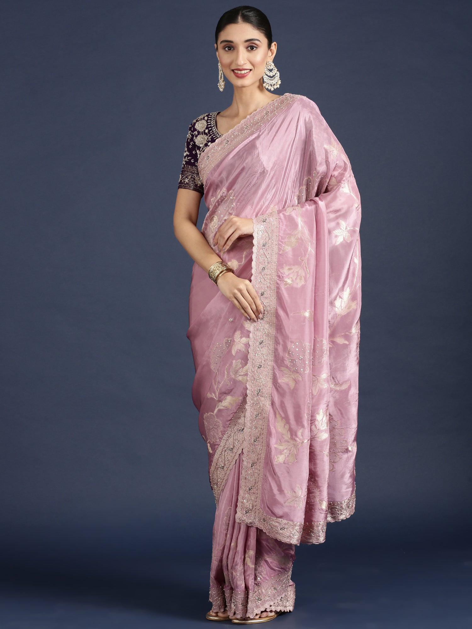 Lilac Tissue Weaved Saree With Stone Work Readymade Blouse