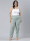 Women Light Green Stripe Linen Pencil Pants