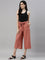 Women Solid Rust Linen Mid Rise Culottes