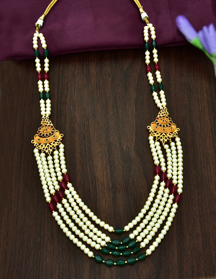 Multi-Line Pearl Beads Mala with Kempu Side Lockets