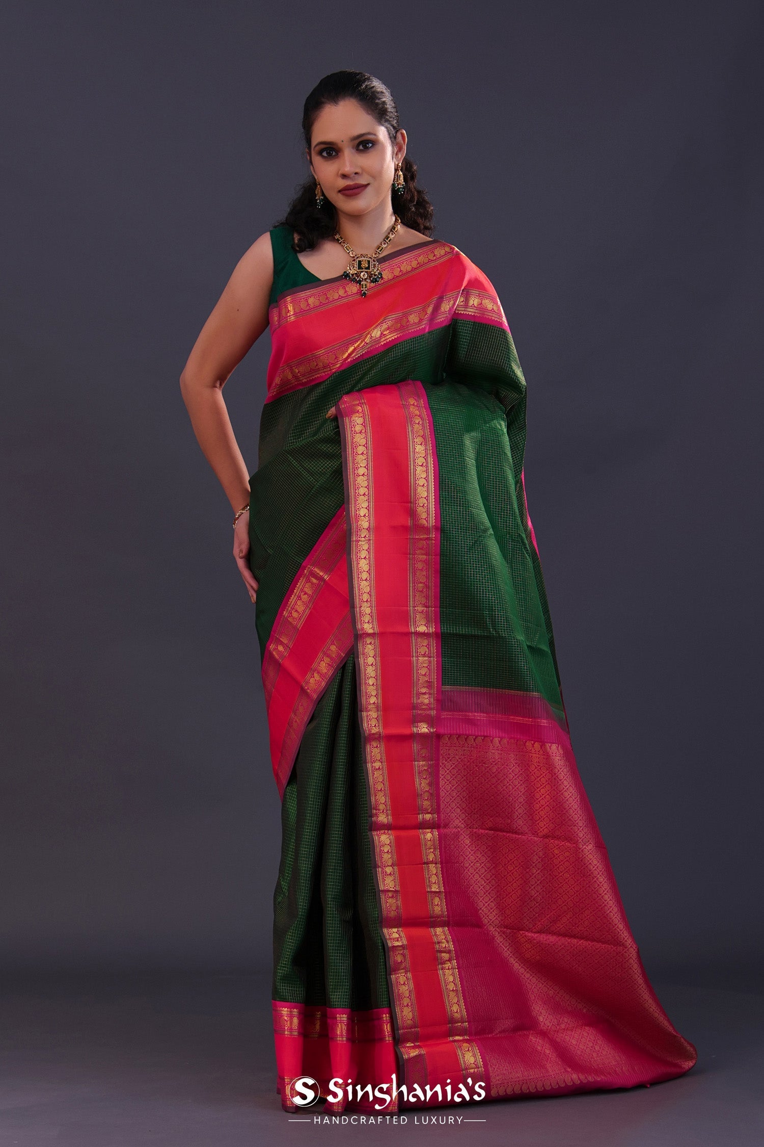 Bottle Green Kanjivaram Silk Saree With Checks Pattern