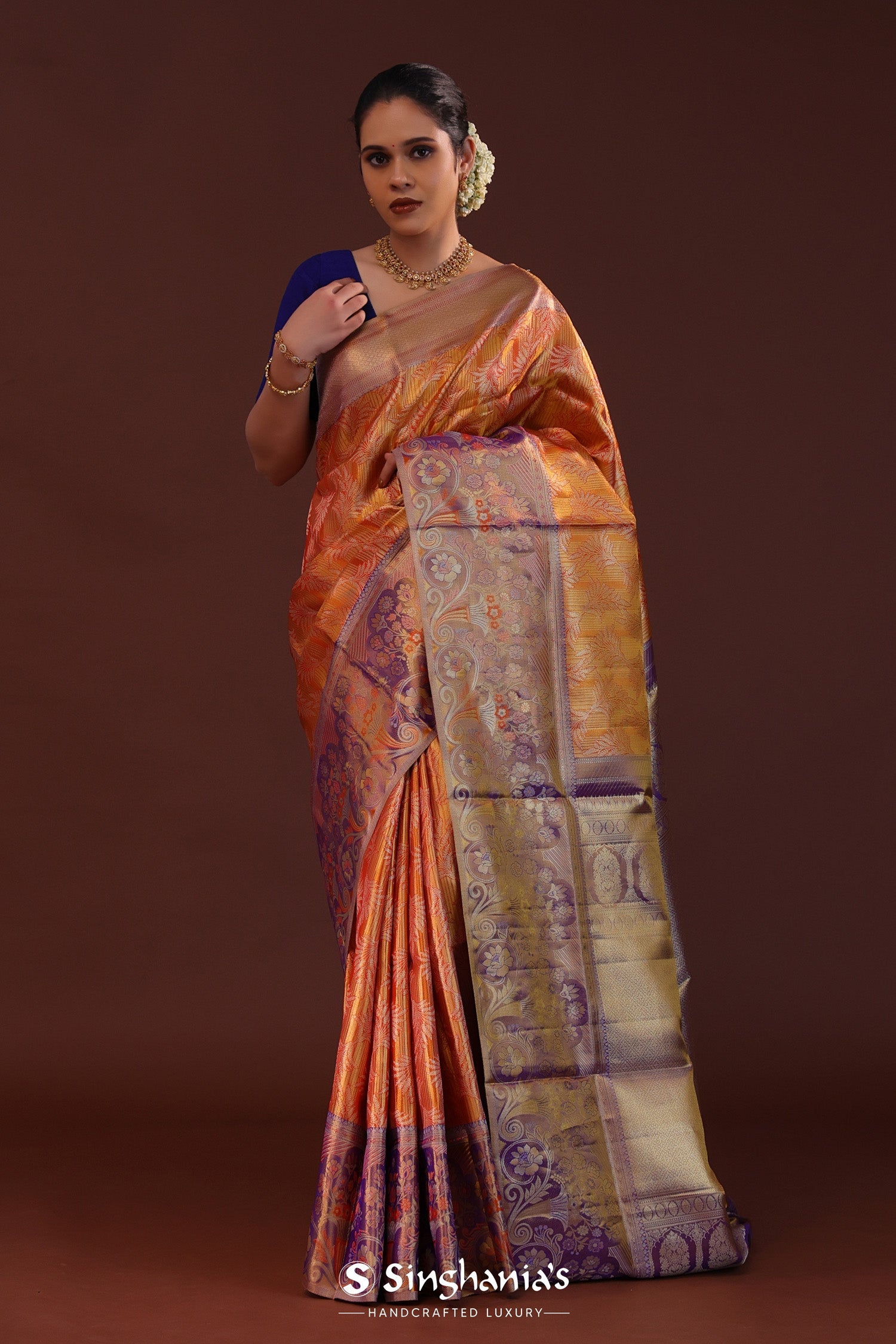 Bright orange Kanjivaram Tissue Saree With Designer Border