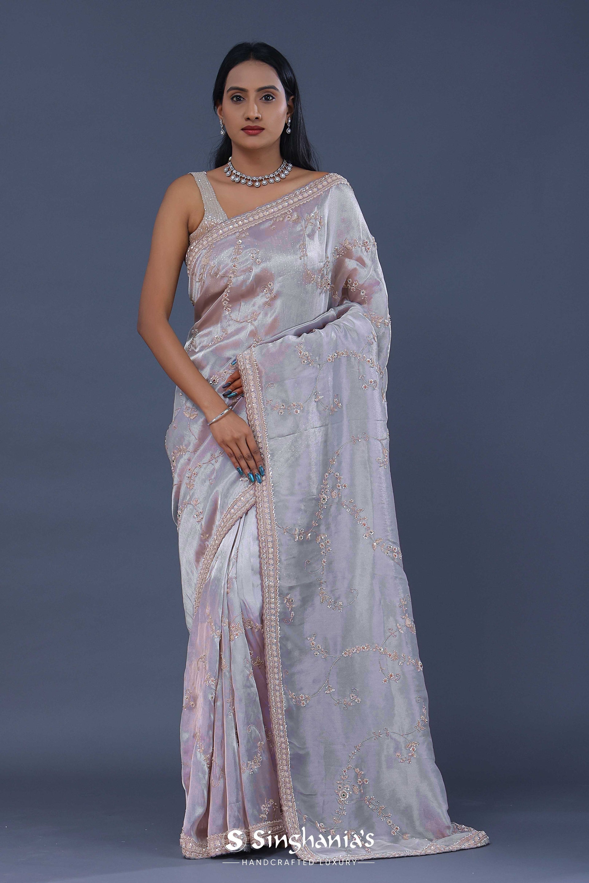 Blueish Silver Tissue Saree With Scallop Border