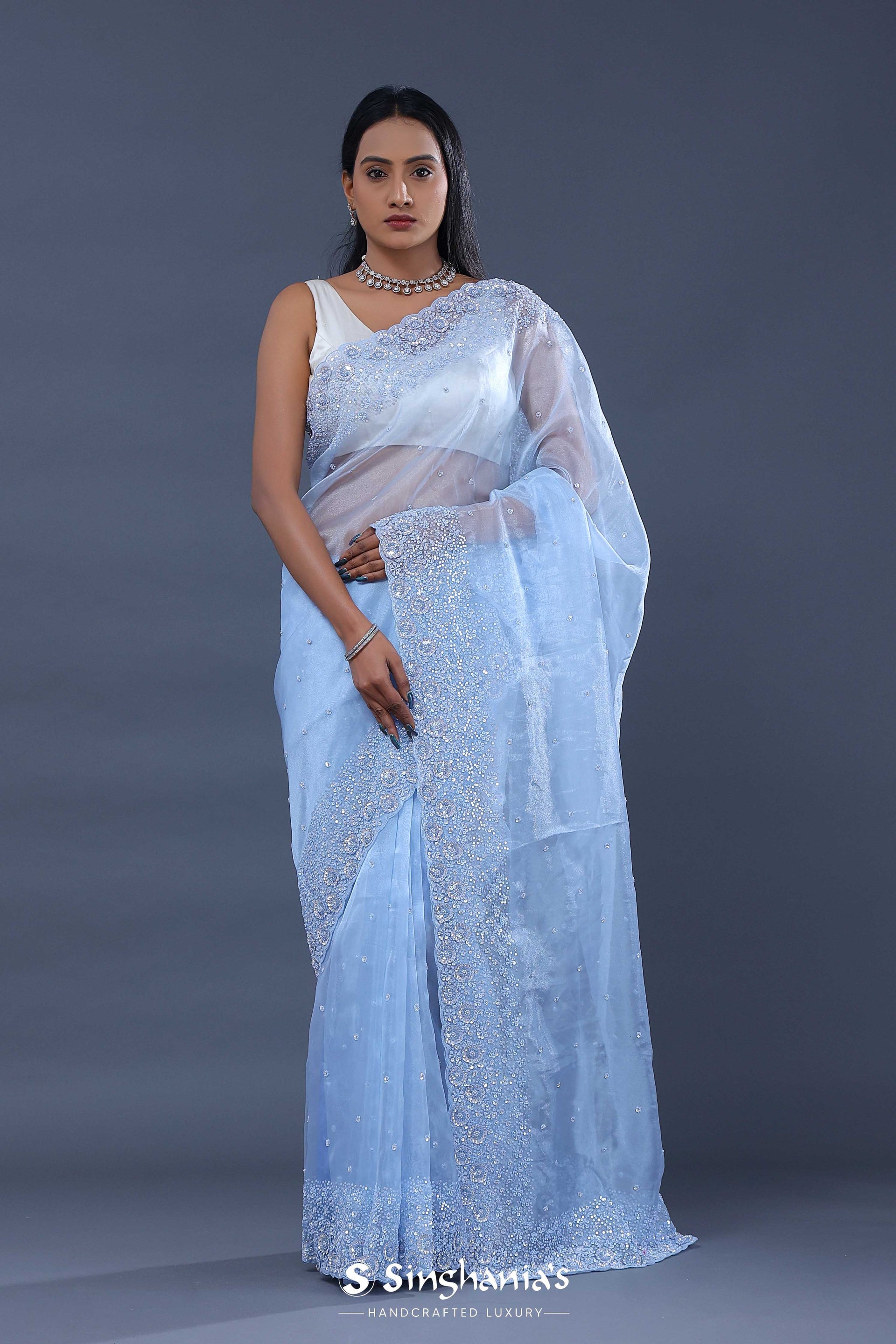 Baby Blue Tissue Organza Saree With Scallop Border