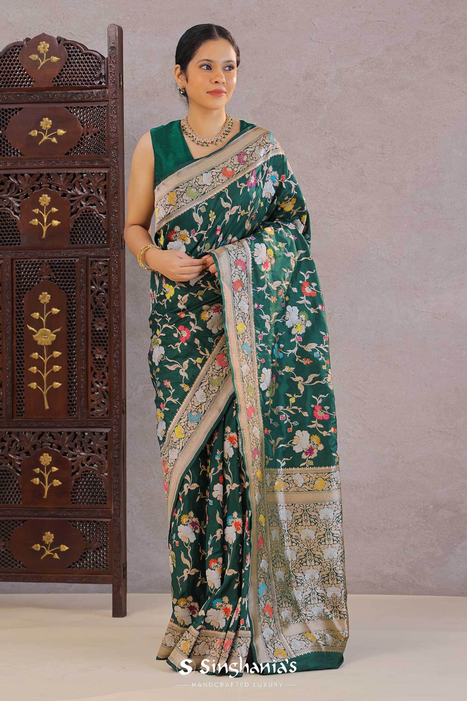 Bottle Banarasi Silk Saree With Meenakari Jaal