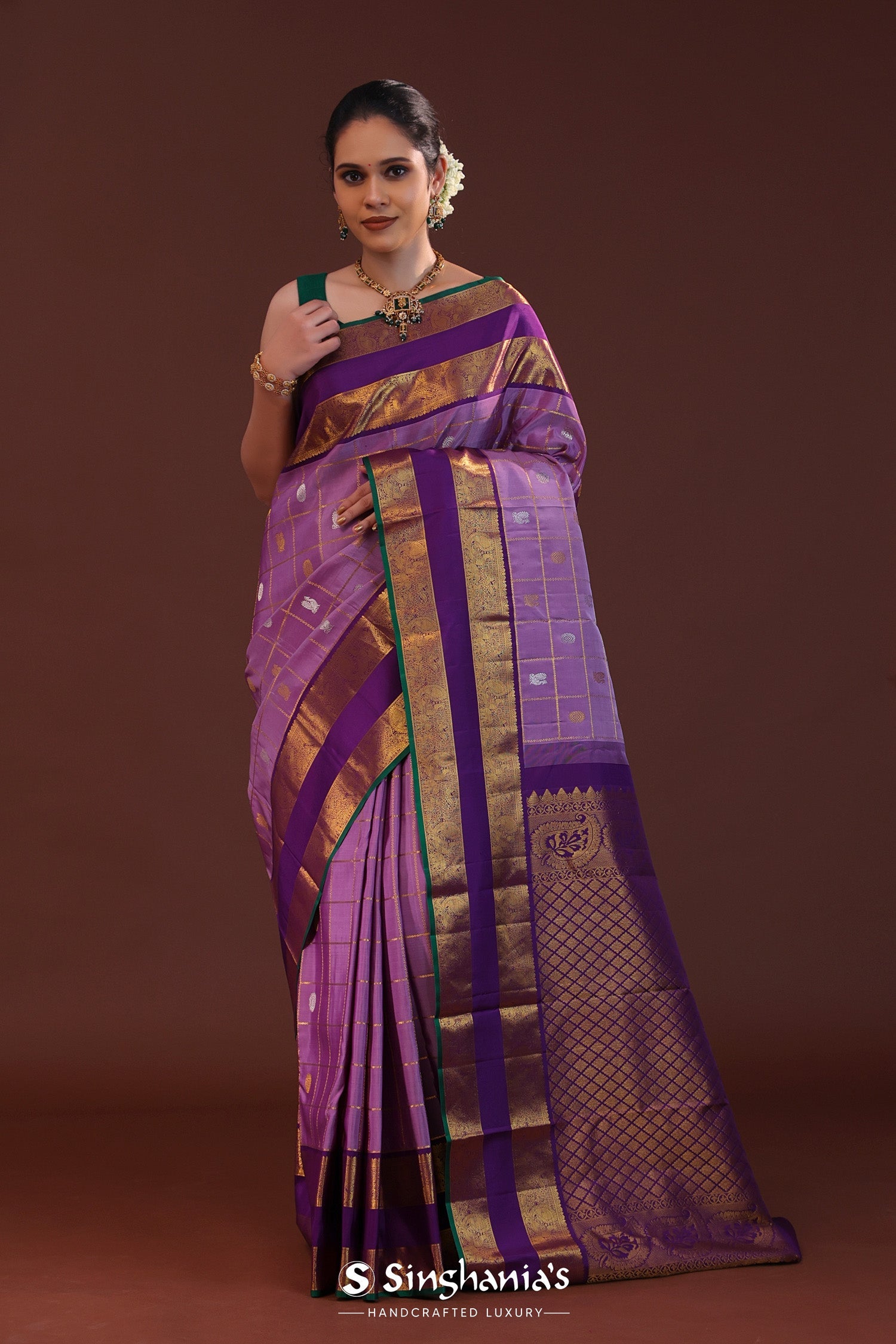 Amethyst Purple Kanjivaram Silk Saree With Checks Pattern