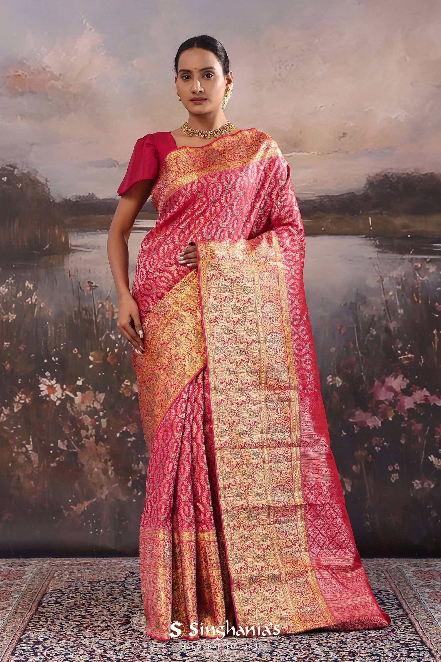 Bright Maroon Kanjivaram Silk Saree With Designer Border