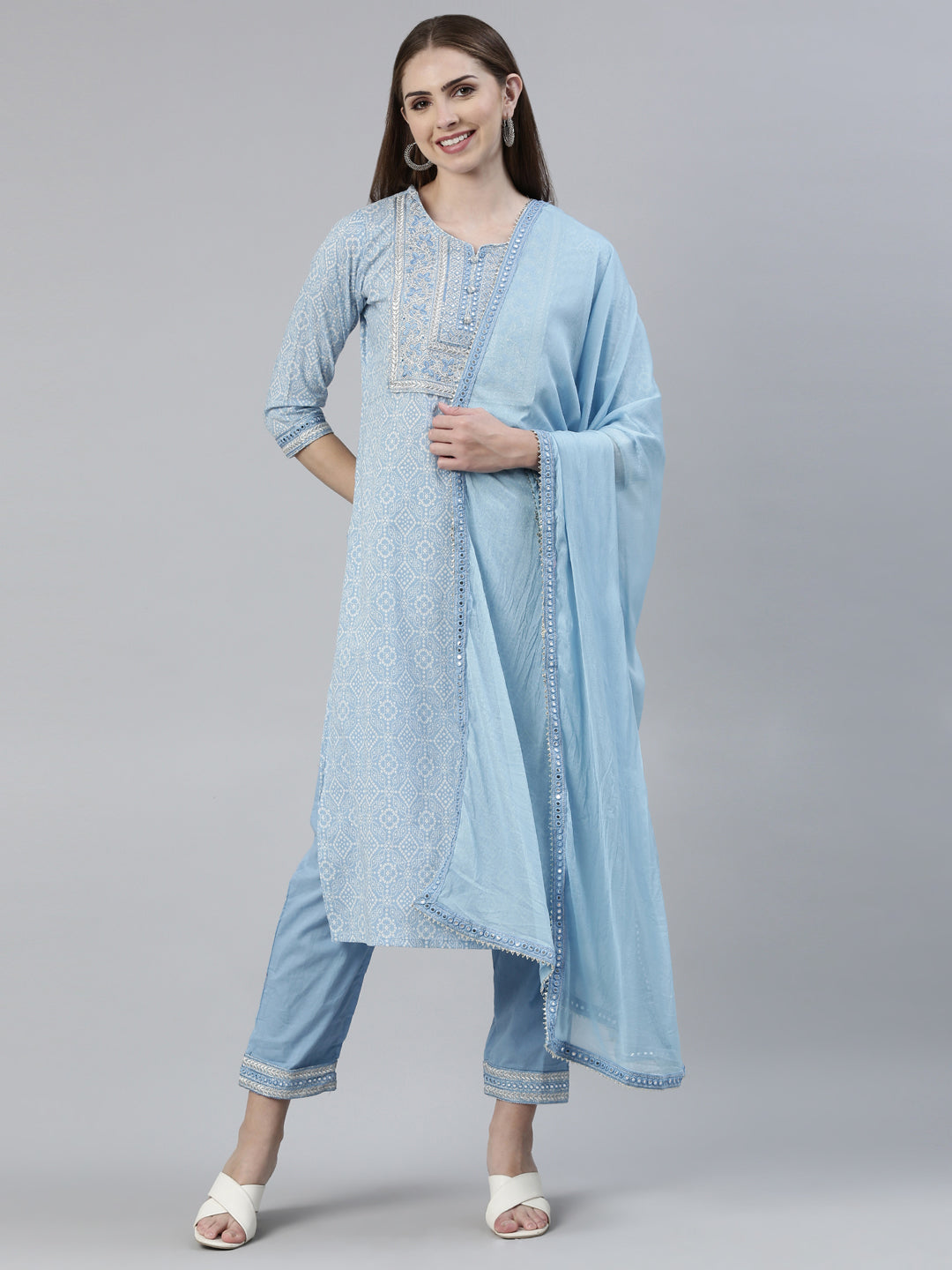 Neerus Blue Regular Knee Length Printed Readymade Suits