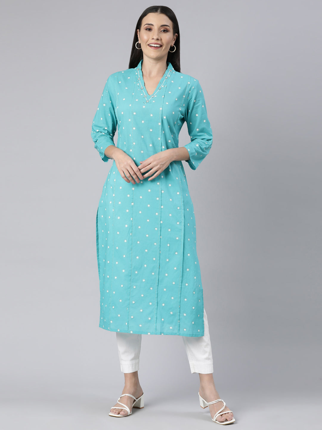 Neerus Blue Panelled Straight Floral Kurtas