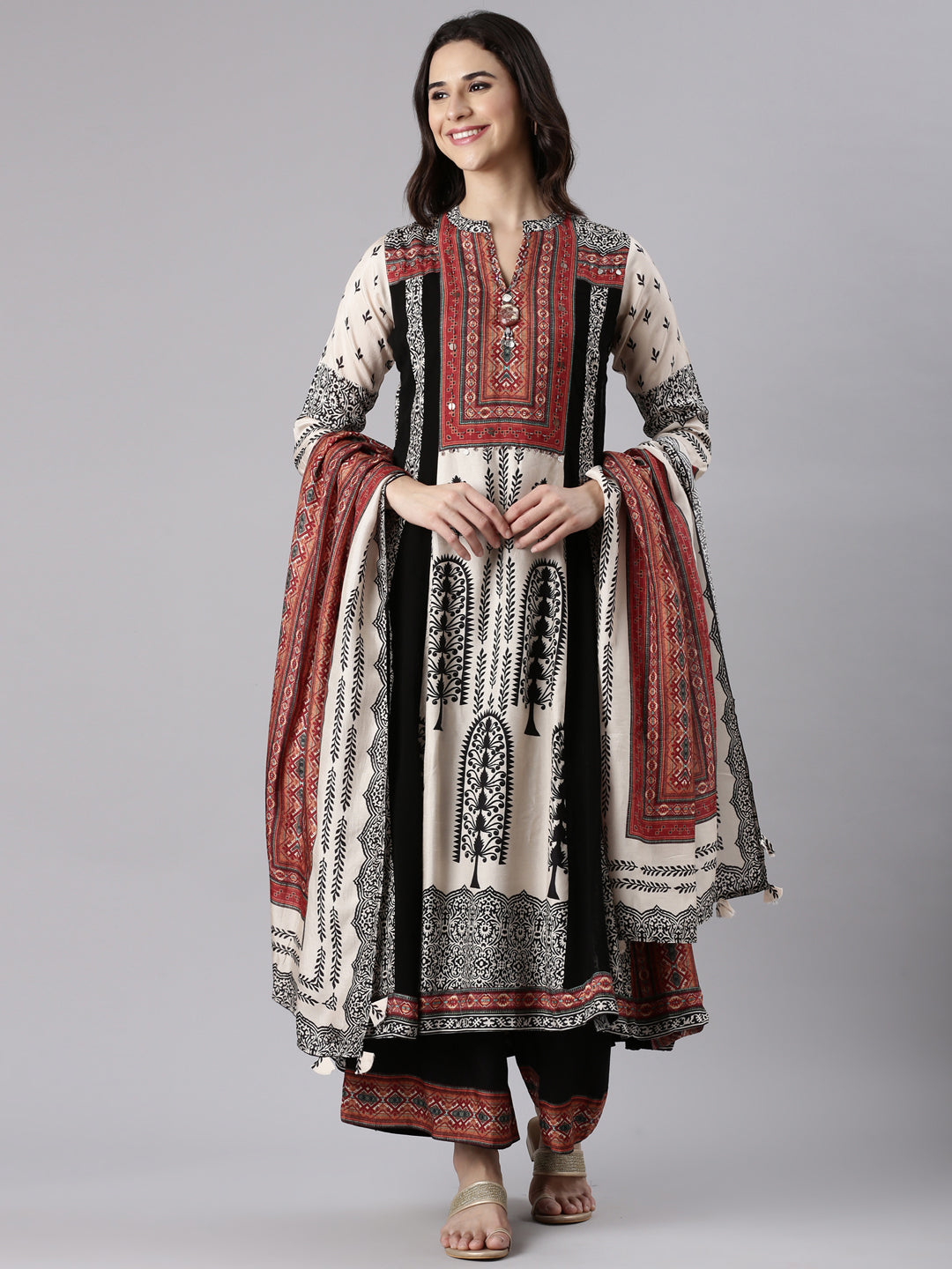 Cream Muslin Printed Three Piece Set With Palazzo