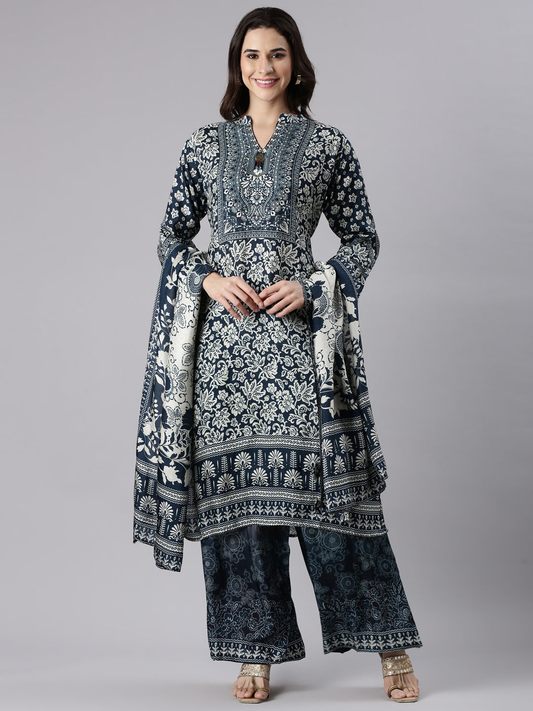 Navy Blue Muslin Printed A-Line Three Piece Set