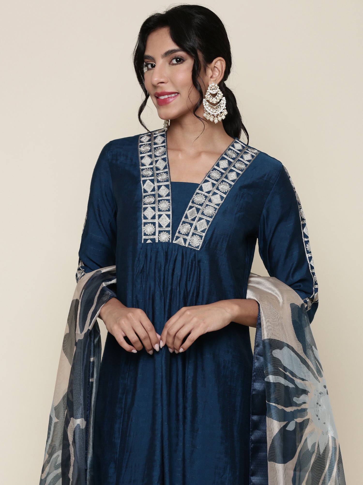 Muslin Midnight Blue embroidered Three piece suit set