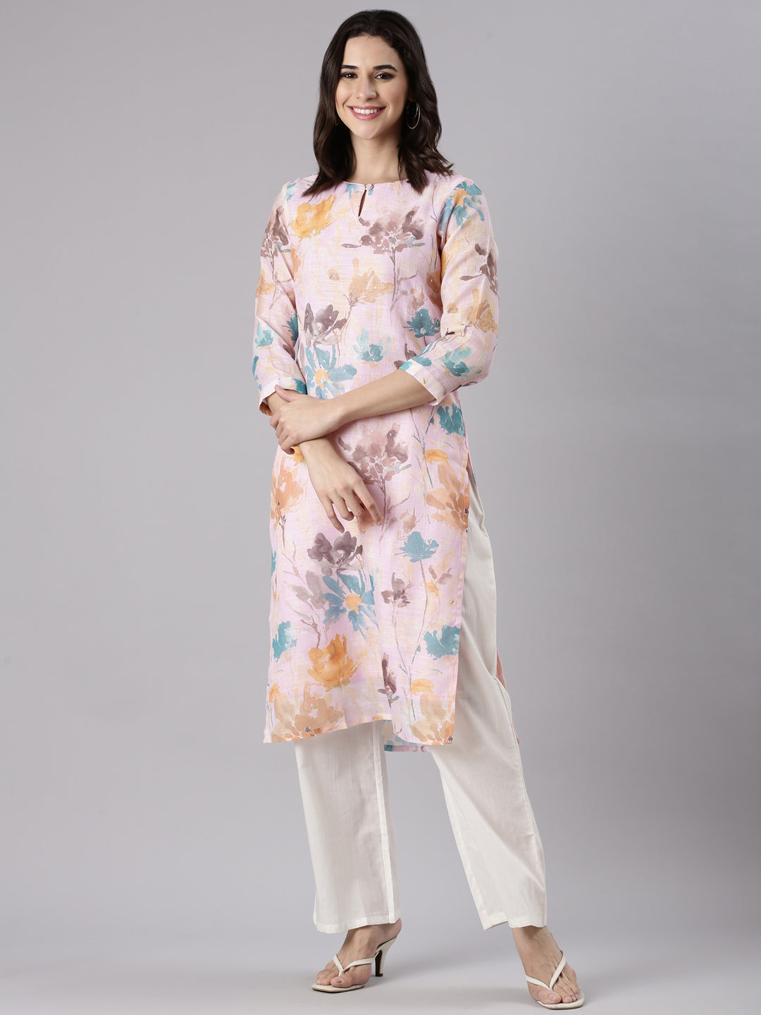 Baby Pink Linen Printed Kurta