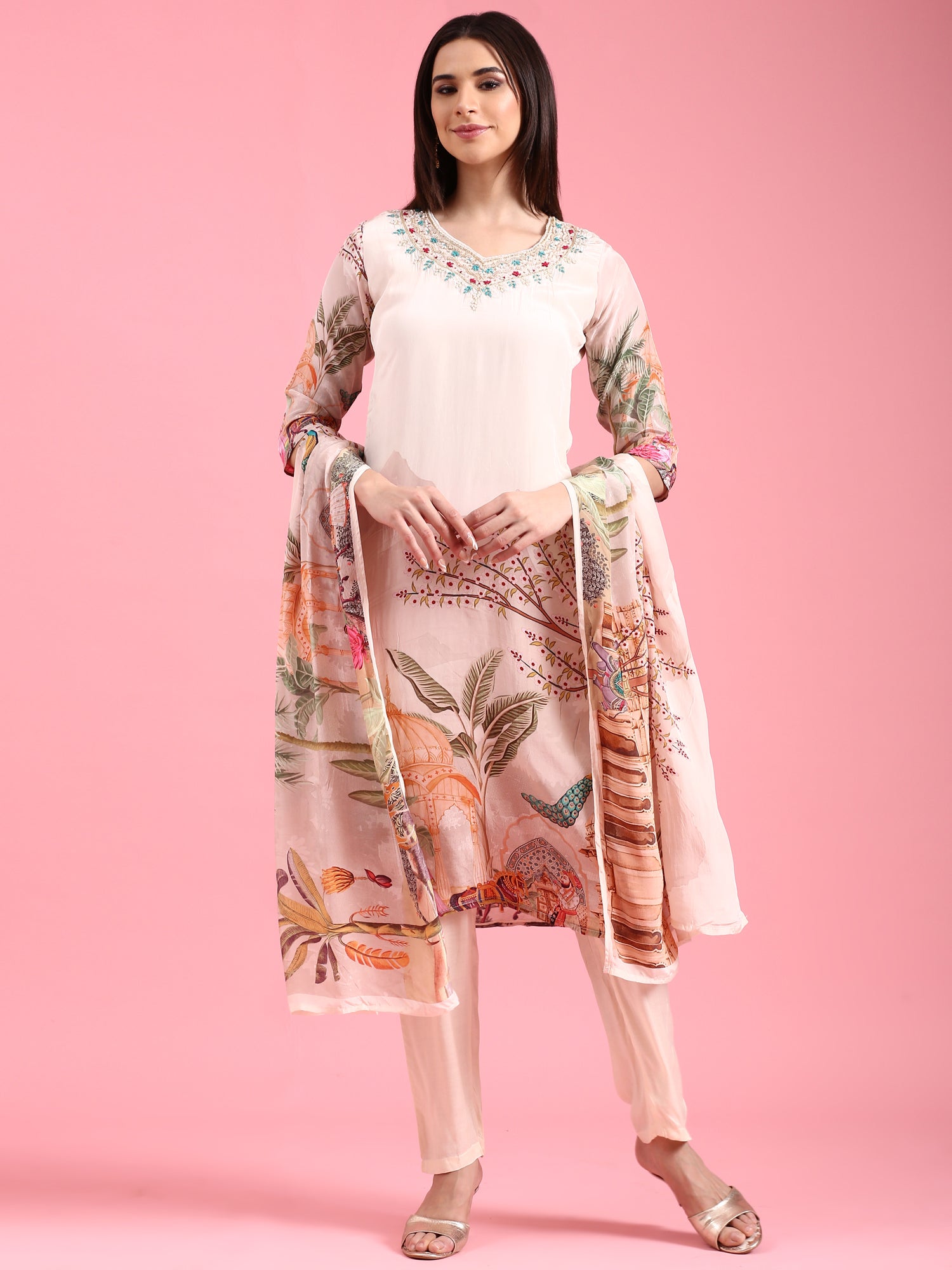 Cream Crepe Printed Embroidery Three Piece Suit Set