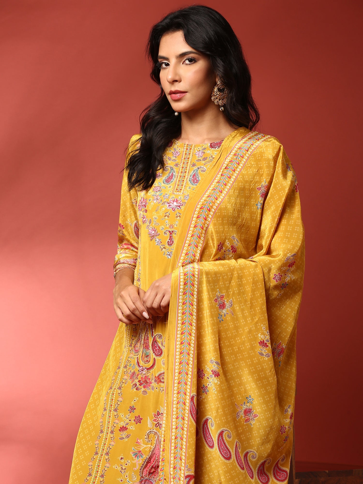 Mustard crepe embroided digital prited three piece suit set