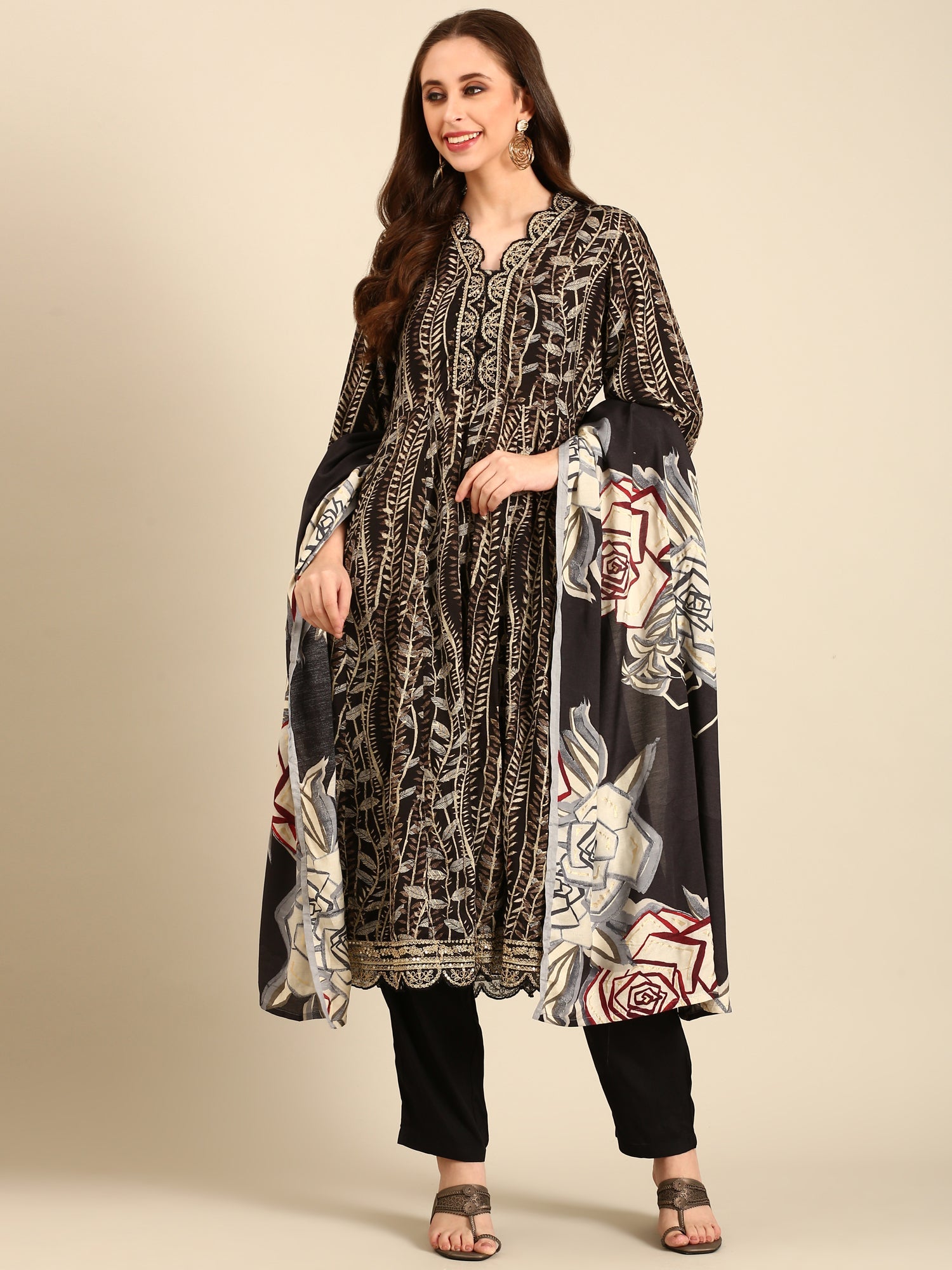 Black printed gold zari embroidery three piece suit set