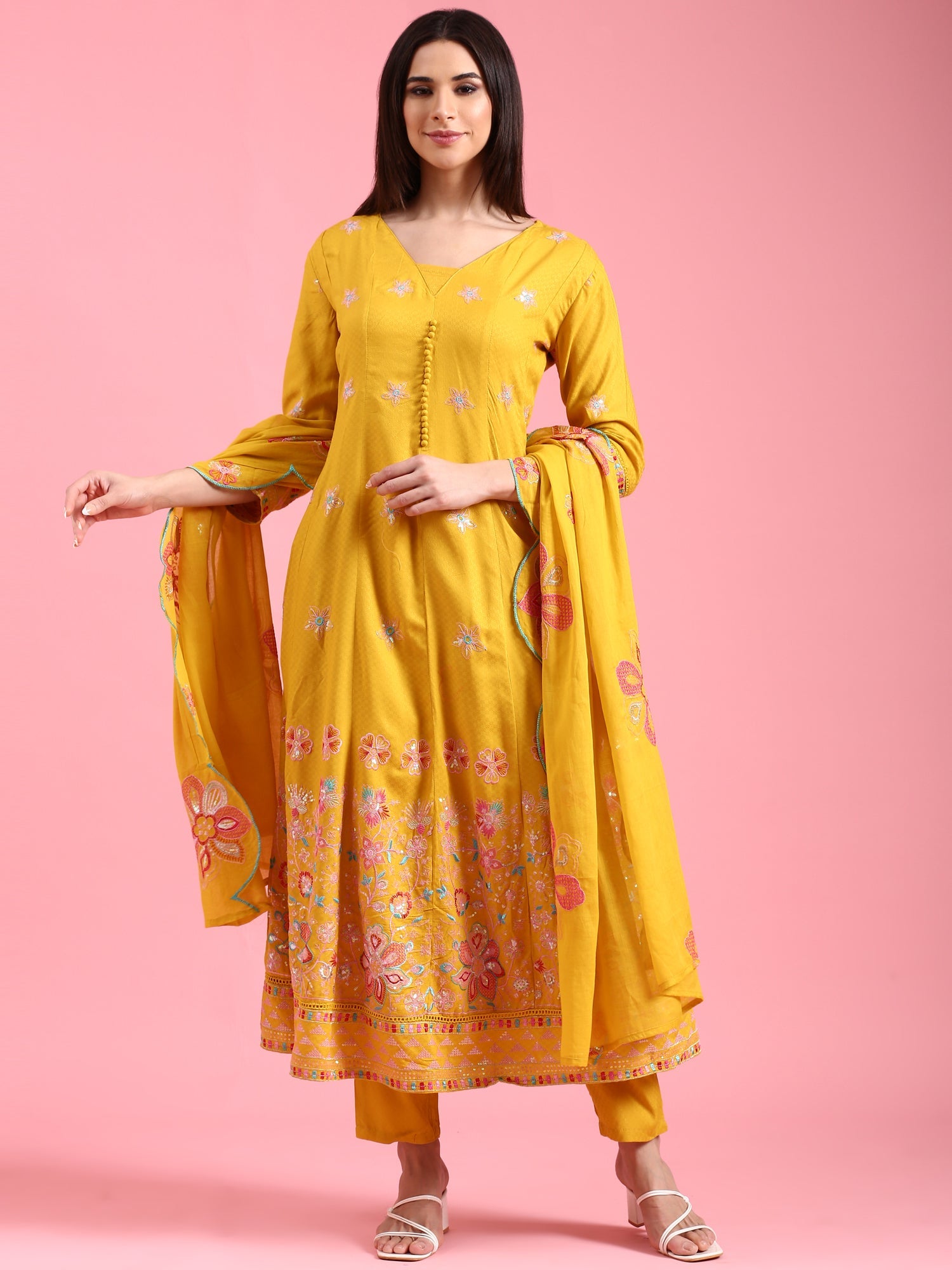 Mustard Cotton Embroidery Anarkali Three Piece Suit Set