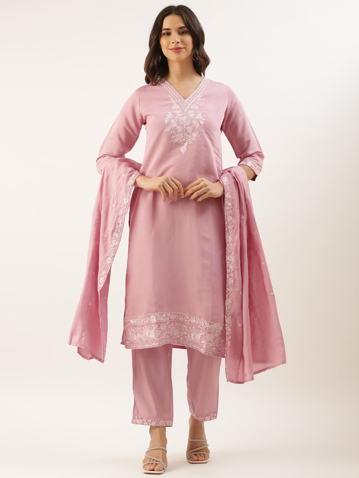 Baby Pink Modal Silk Embroidery Three Piece Suit Set