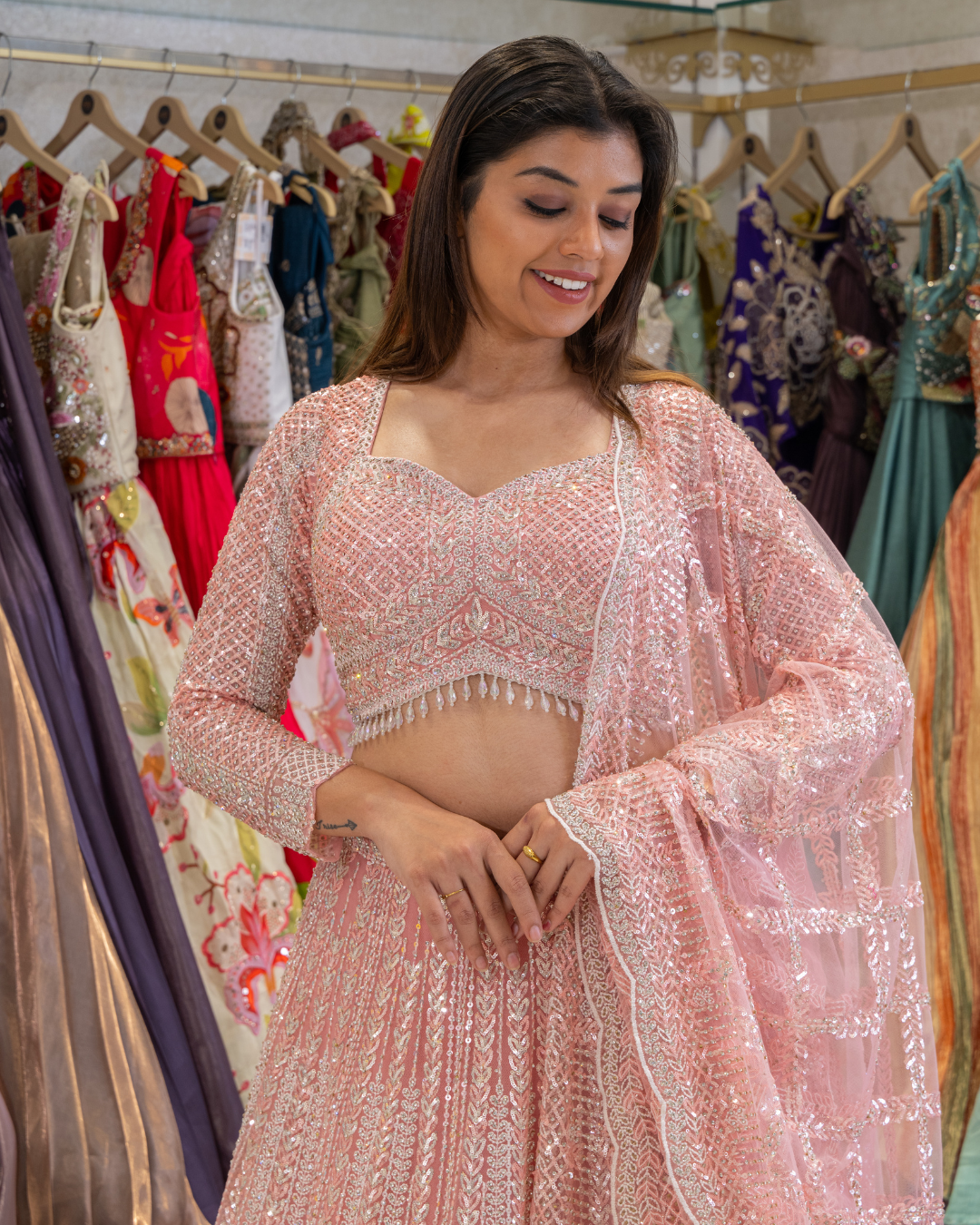 Net Fabric Lehenga with Heavy Mirror & Sequin Work | Full Sleeve Blouse & Heavy Dupatta