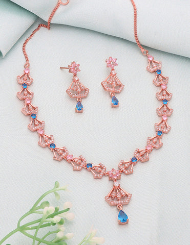 Floral Design Rose Gold Zirconia Necklace Set