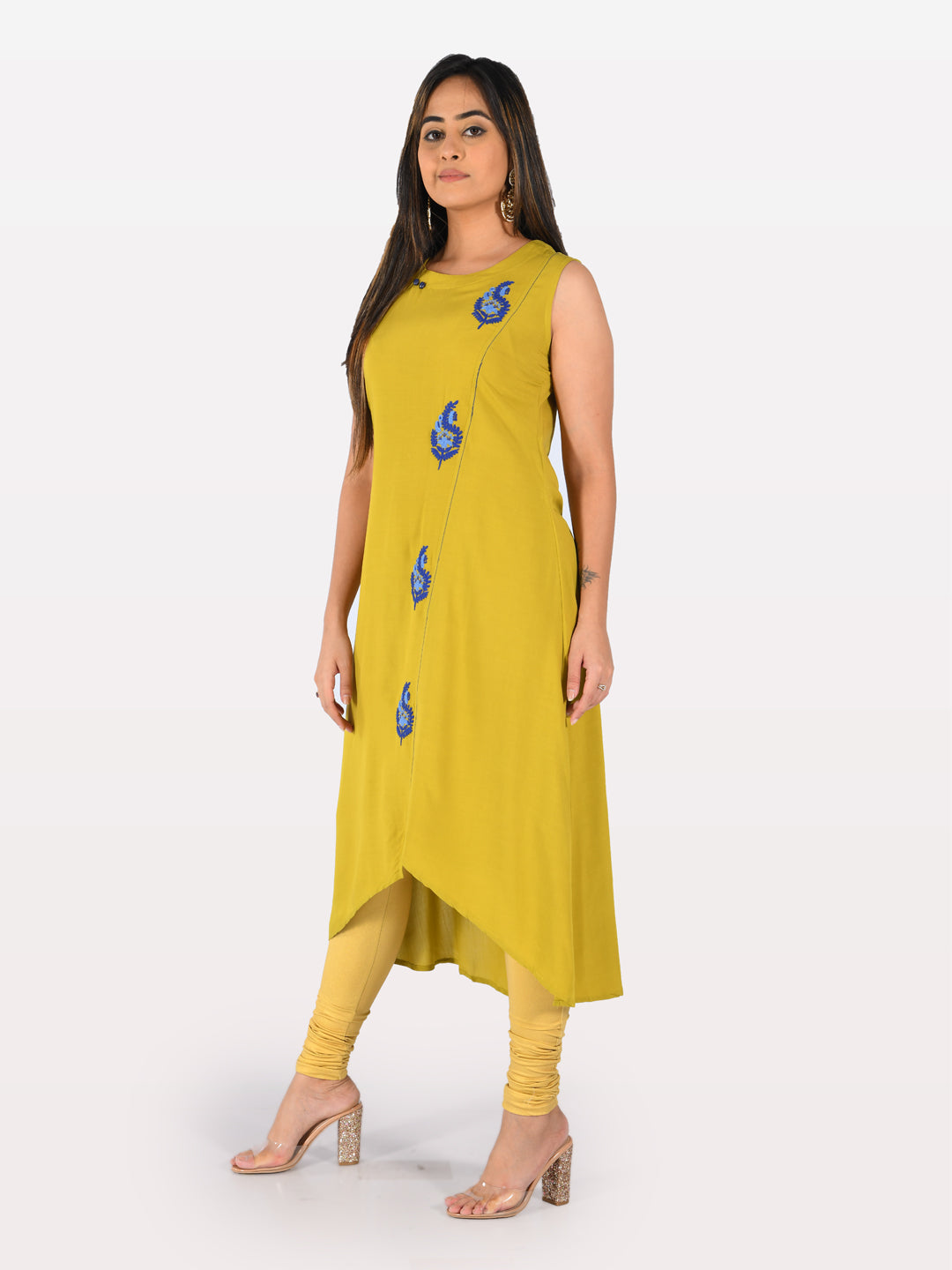 Neeru's Yellow Embroidered High Low Kurta