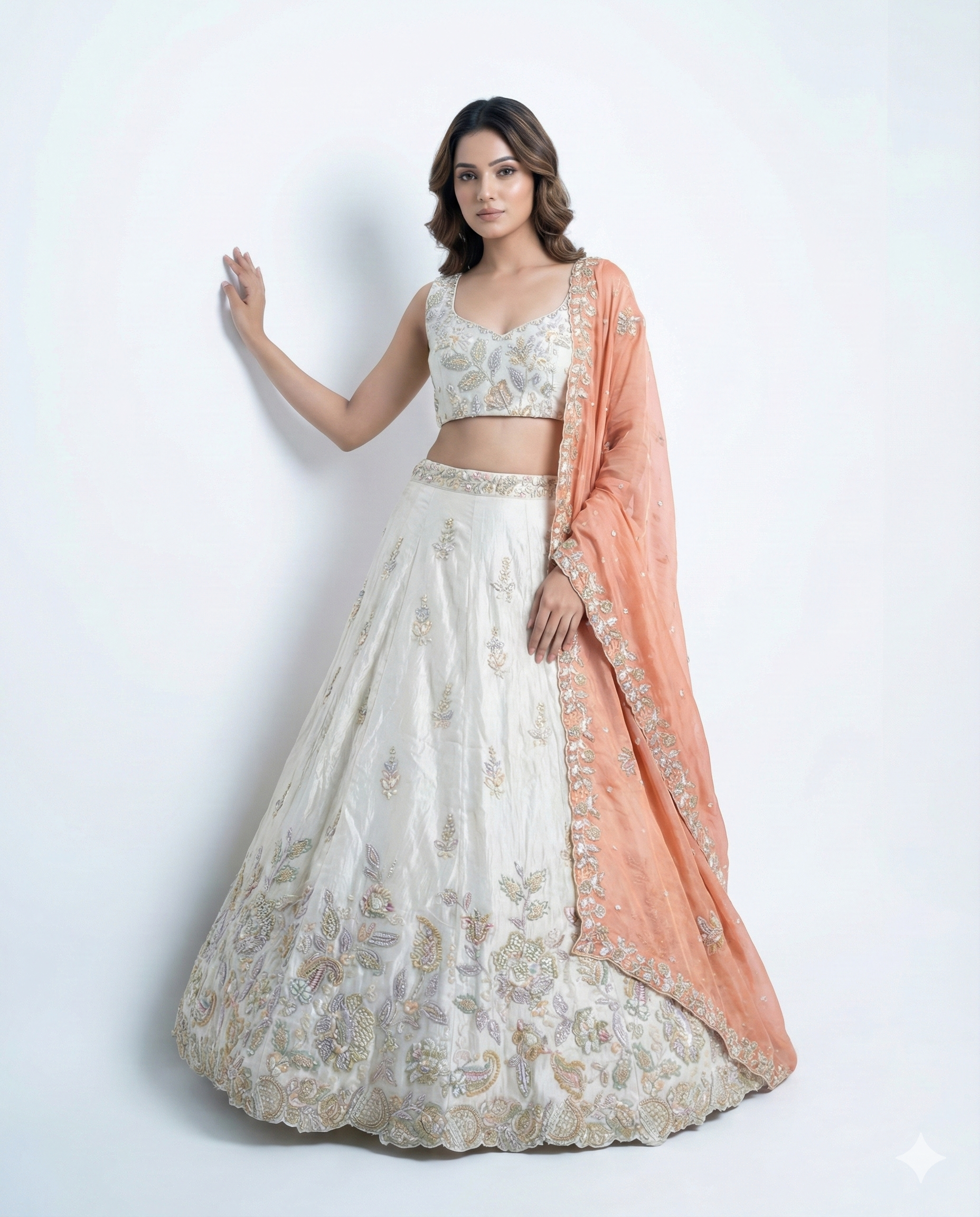 Off-White Muslin Silk Lehenga with Hand Jarkan Work & Contrast Organza Dupatta