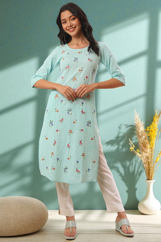 Blue Solid Zari Straight Pure Cotton Kurta