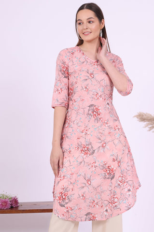 Pink Floral Printed Pure Cotton Straight Kurta