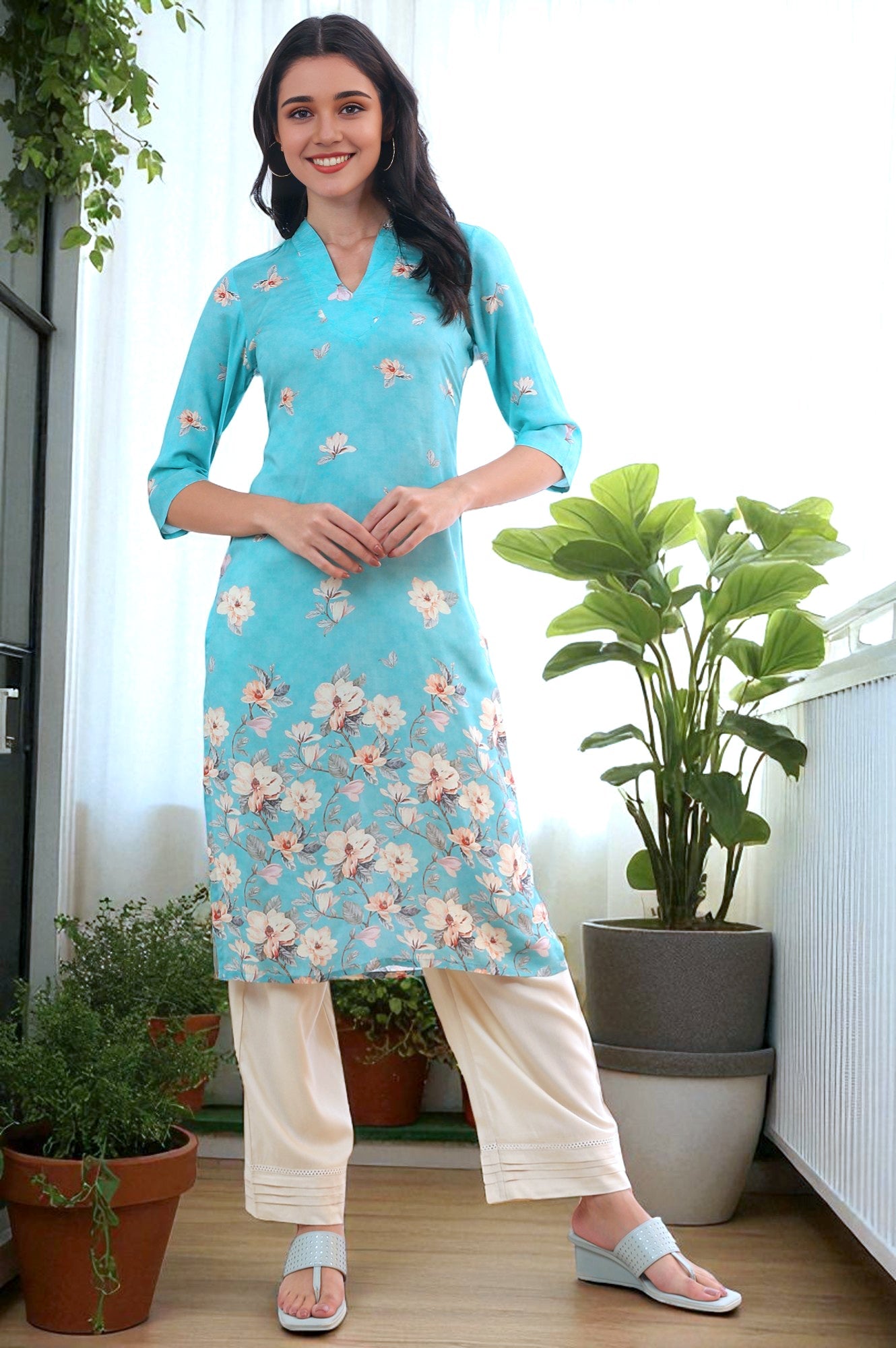 Blue Floral Printed Modal Straight Kurta