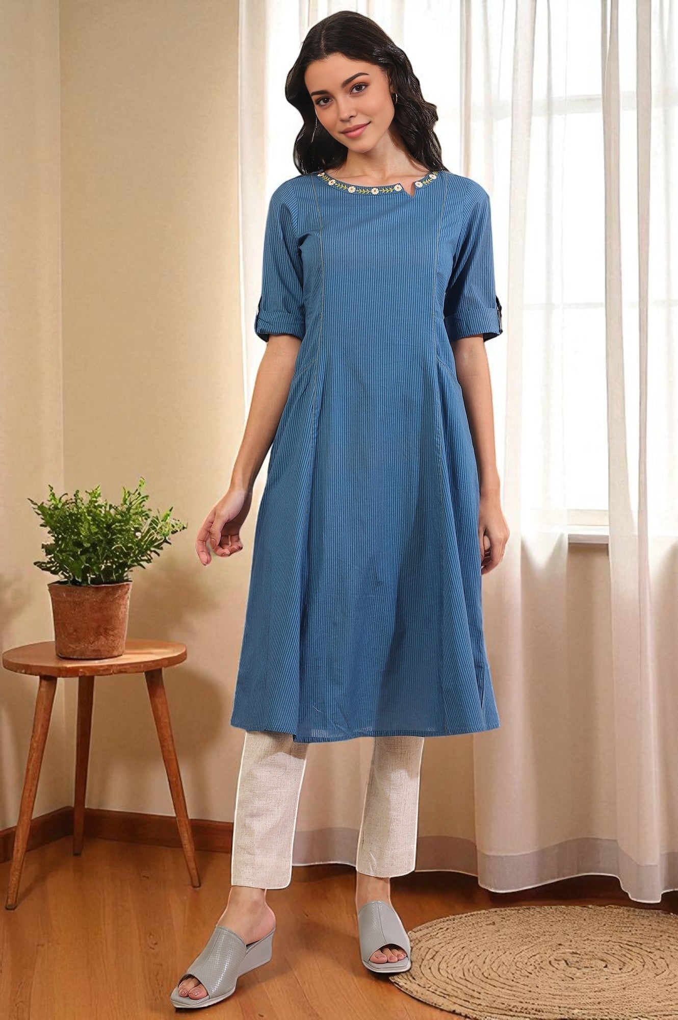 Blue Solid Straight Pure Cotton Kurta