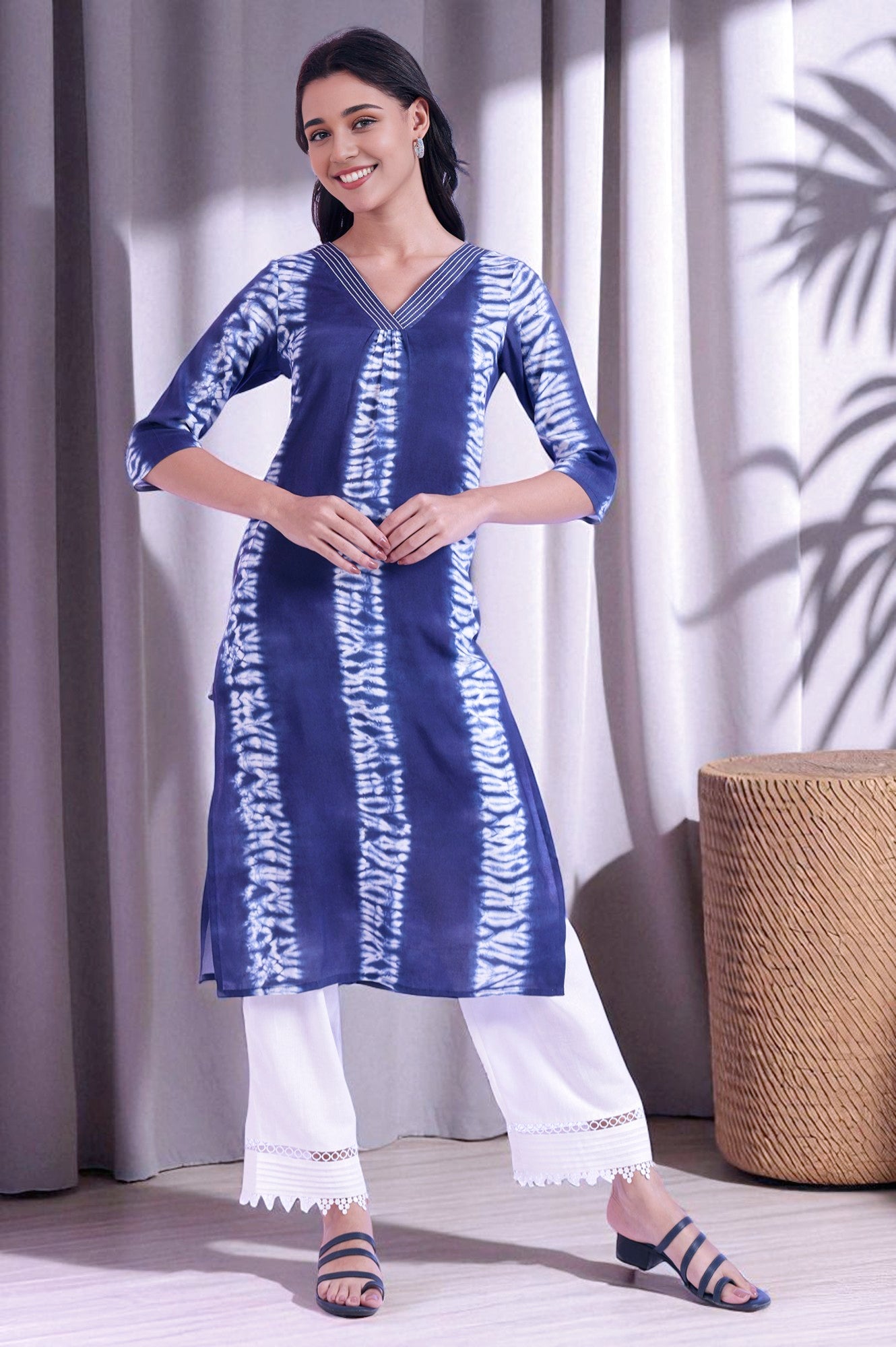 Blue Shibori Printed Thread Embroidered Straight Kurta