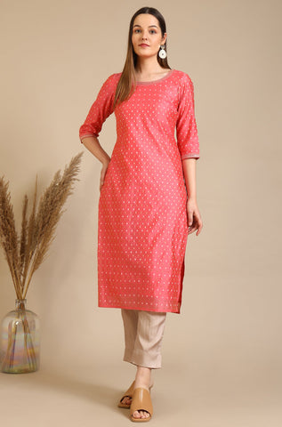 Dark Peach Embroidered Chanderi Butti Straight Kurta