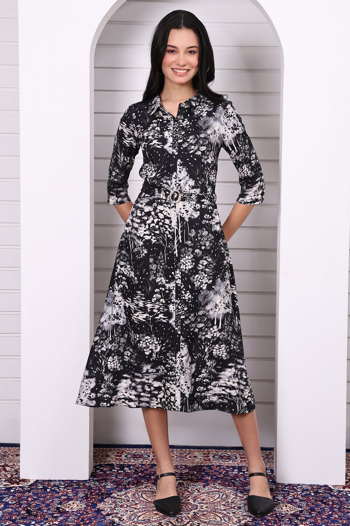 Black Floral Printed Flared Short Dress with Waist Belt