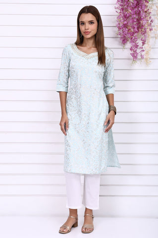 Blue Foil Printed Straight Kurta with Embroidered Neck