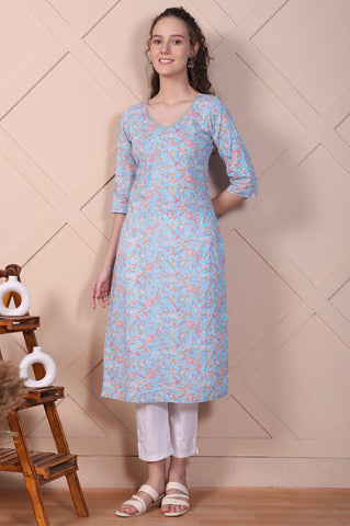 Blue Botanical Printed Pure Cotton Straight Kurta