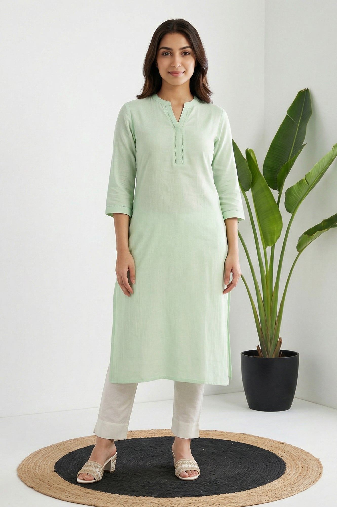 Mint Green Solid Lace Trim Straight Kurta