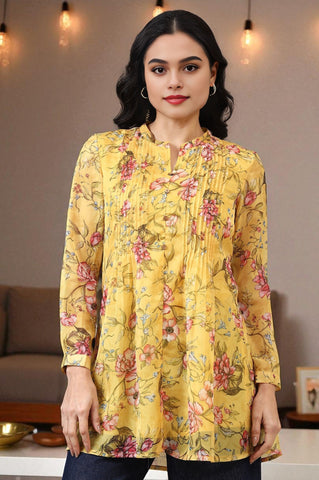 Bright Yellow Floral Printed Organza Kurti