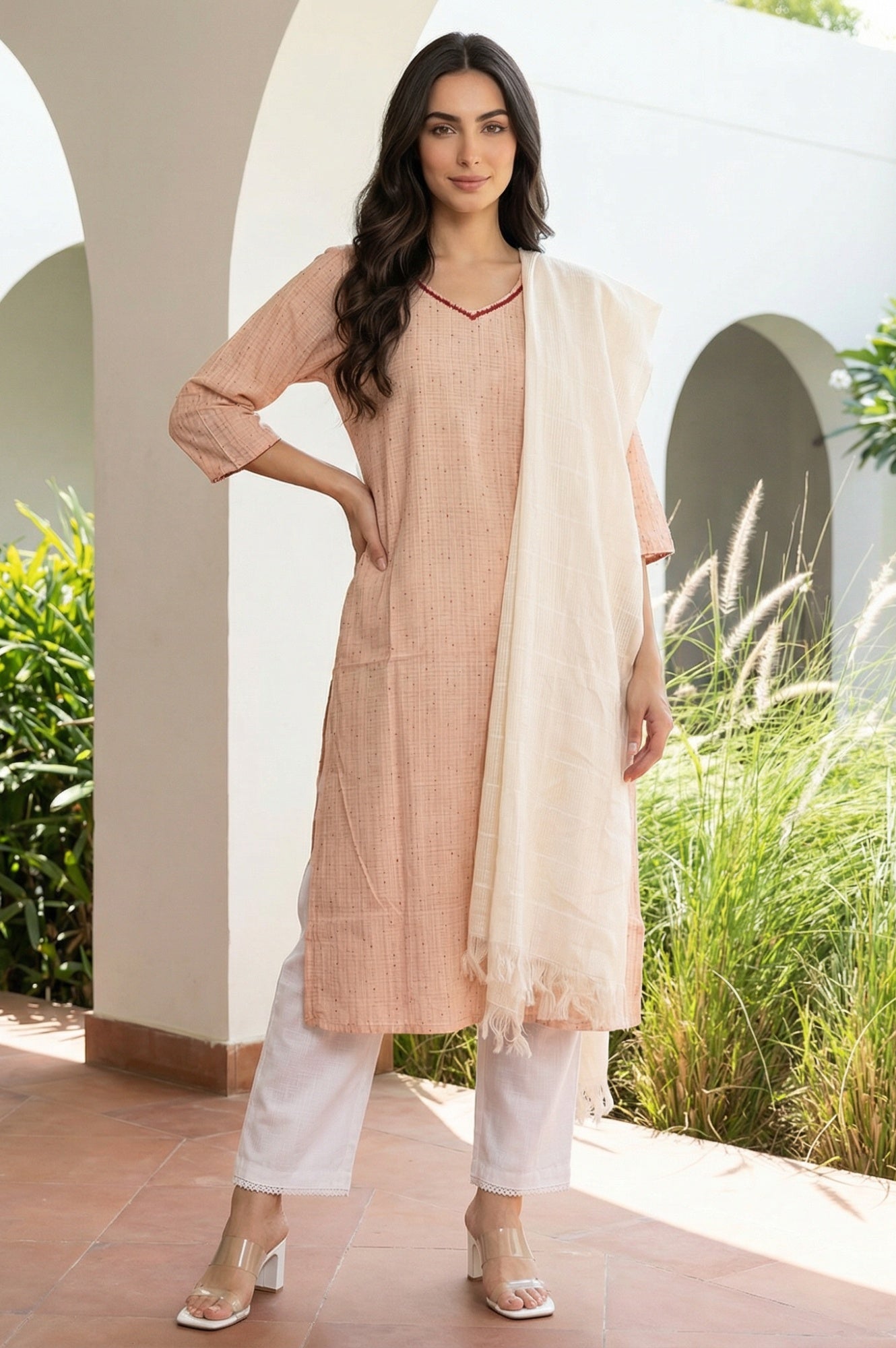 Off White Yarn Dyed Striped Pure Cotton Dupatta