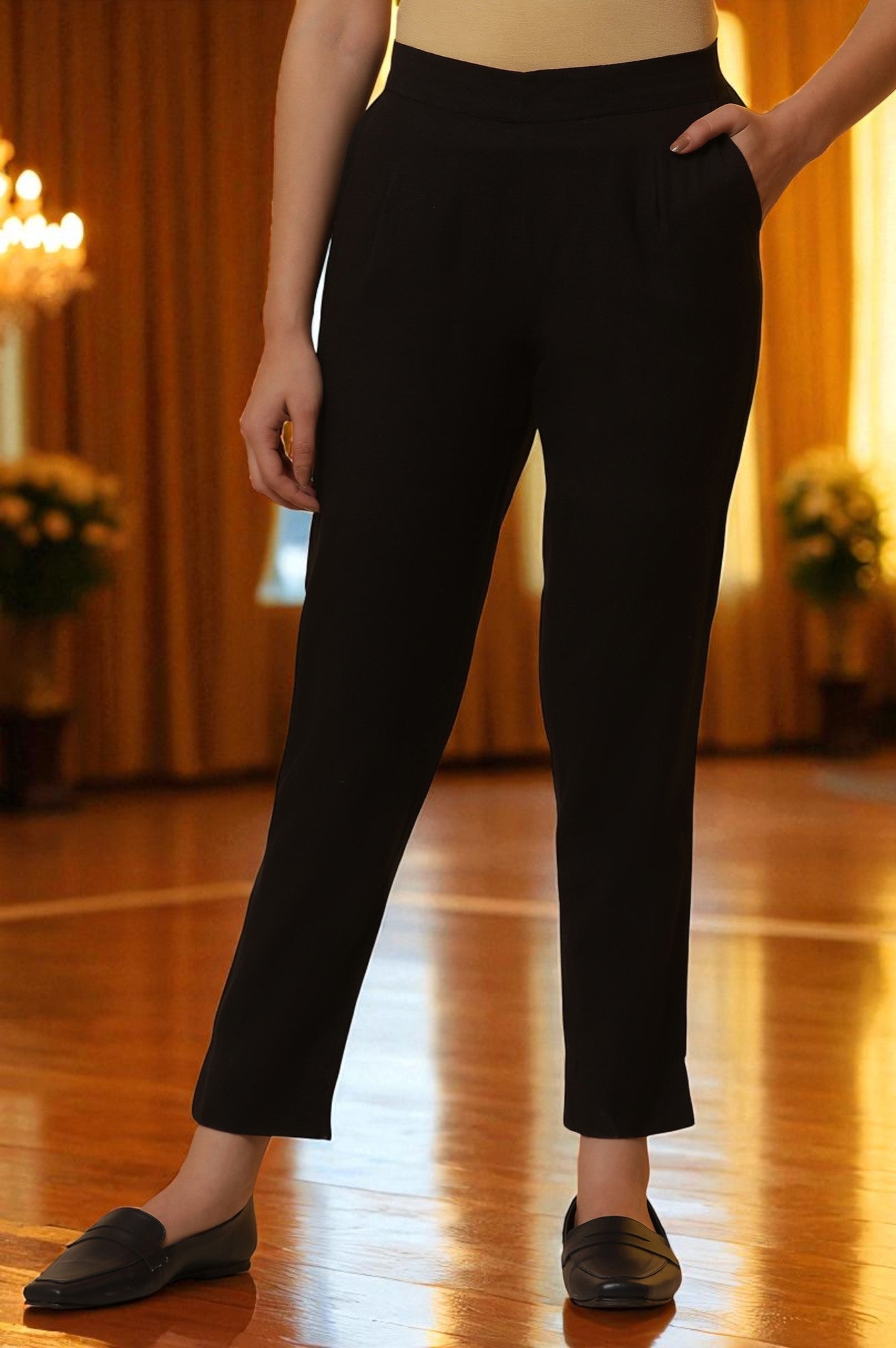 Black Solid Ankle Length Cotton Flax Trousers