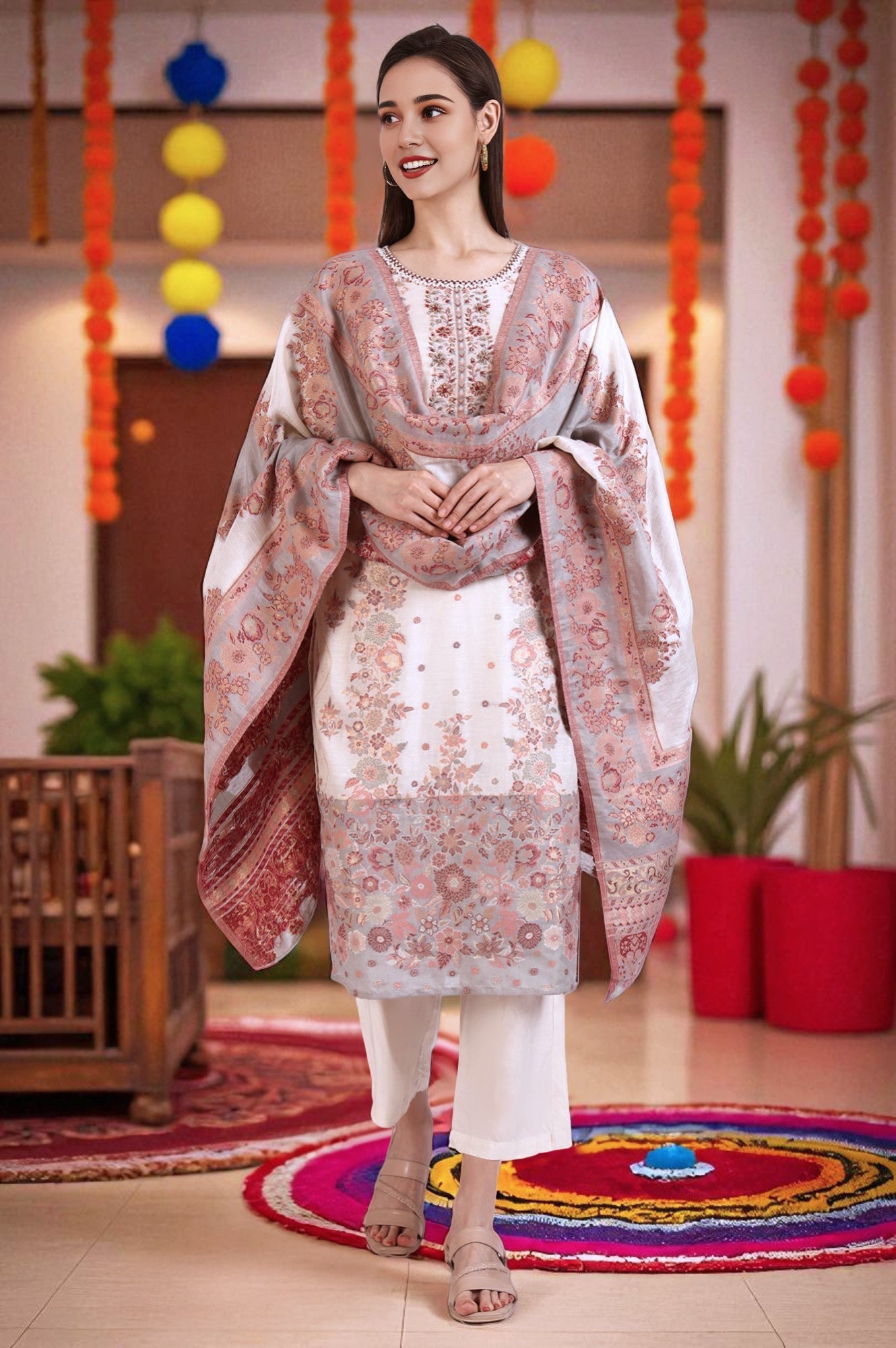 Cream Embroidered Yarn Dyed Straight Kurta, Palazzo and Dupatta Set