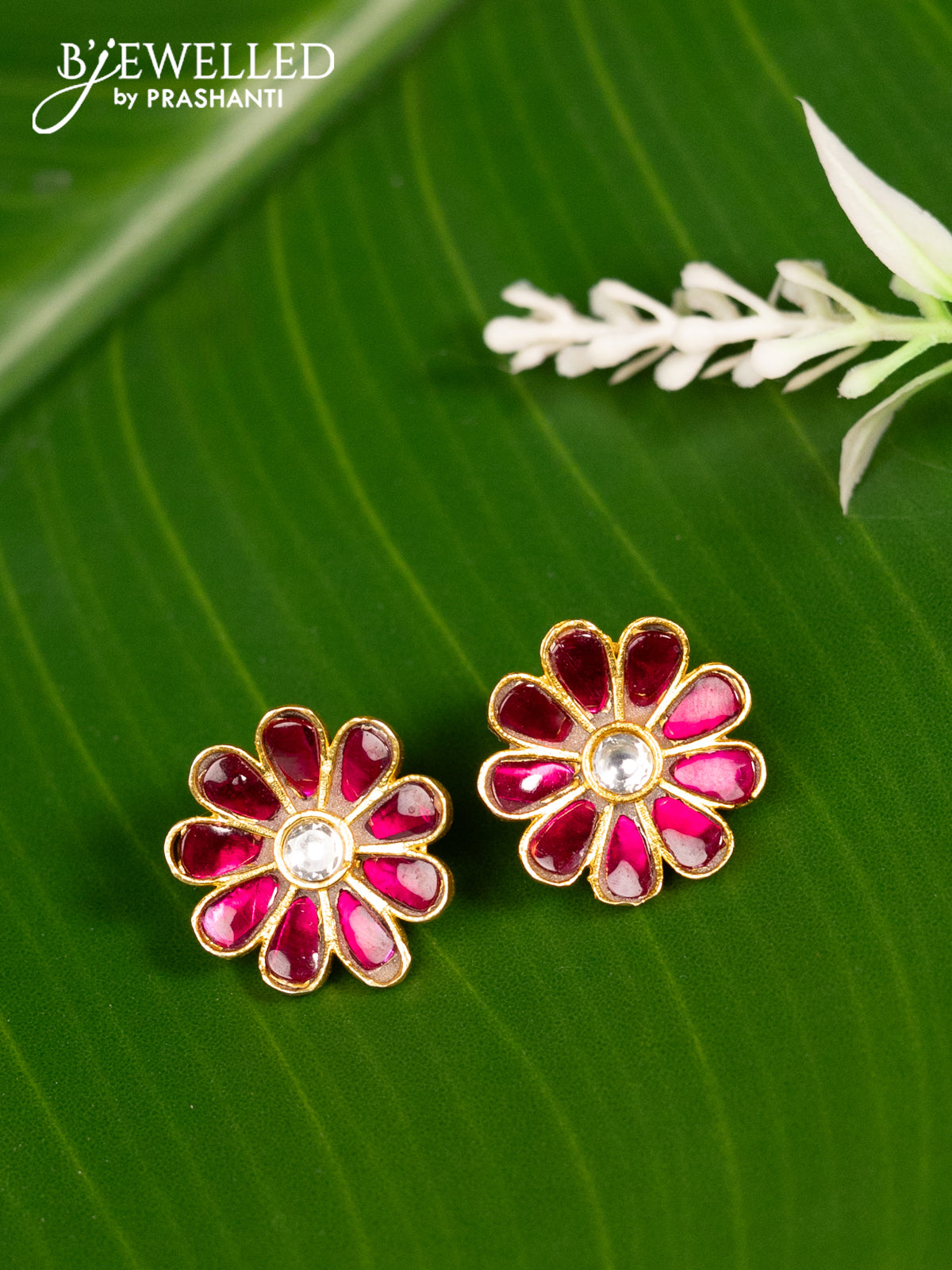 Bugadi earrings floral design with pink jadau kundan stones