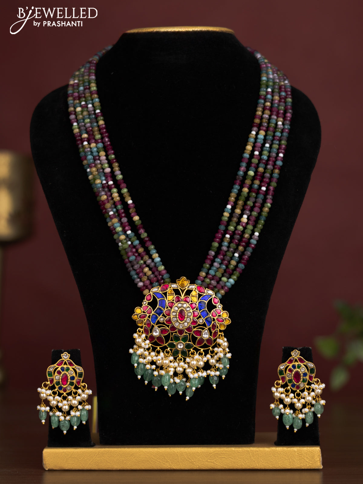 Antique beaded multicolor necklace floral pendant with jadau kundan stones and pearl & beads hangings