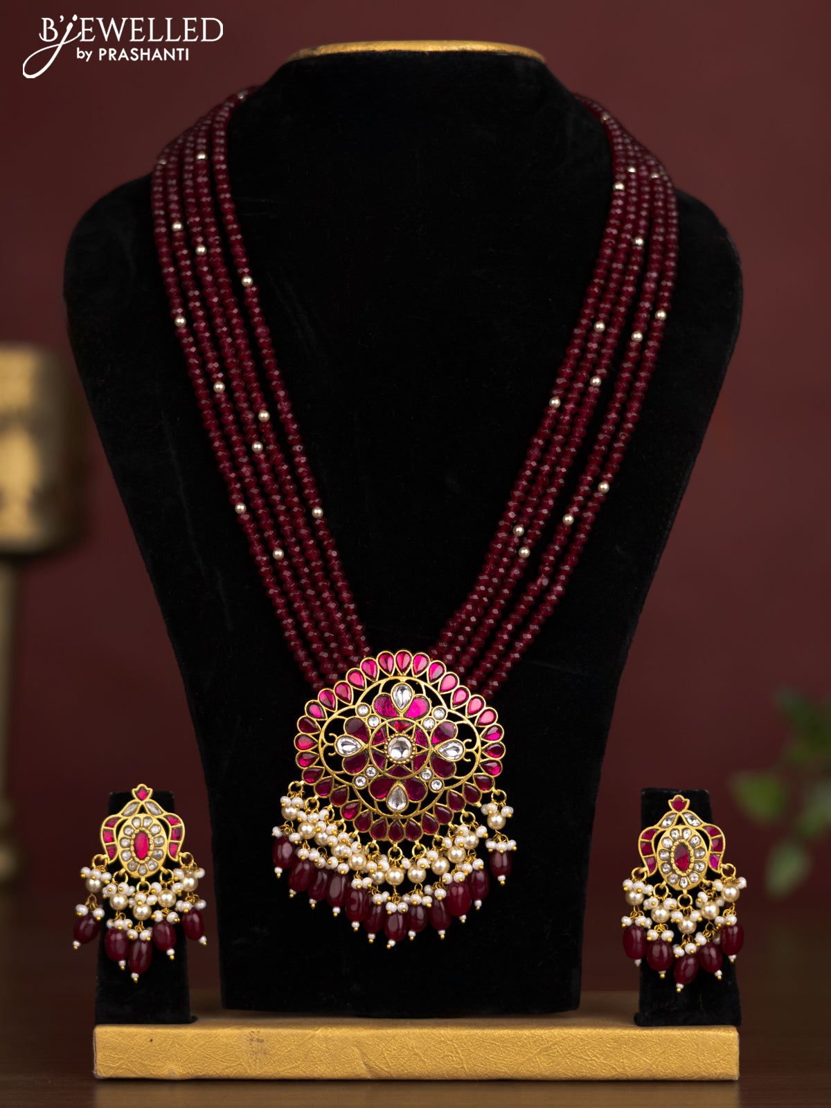 Antique beaded maroon necklace floral pendant with jadau kundan stones and pearl & beads hangings