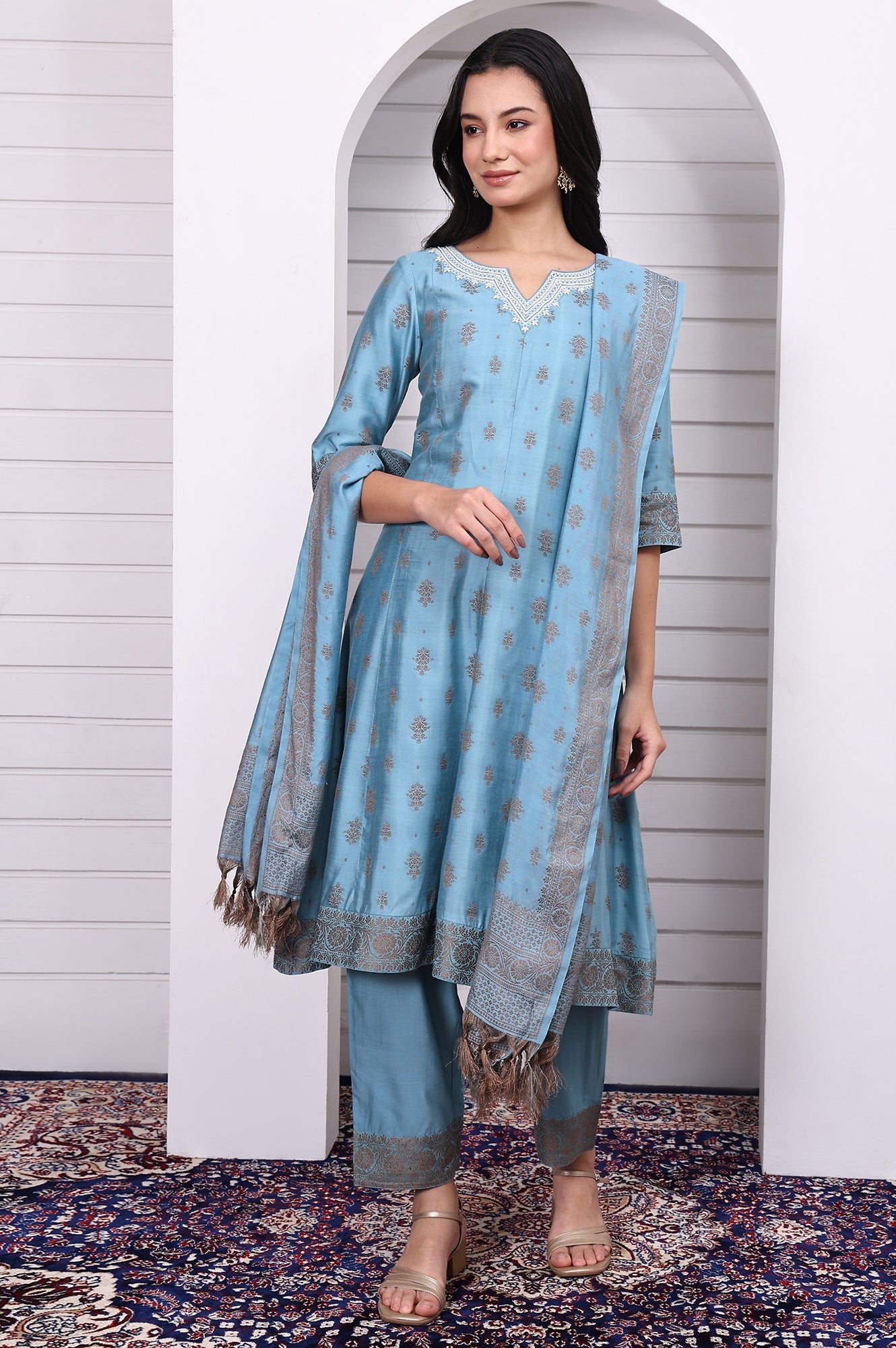 Blue Abstract Printed Beads Jacquard Anarkali Kurta, Palazzo and Dupatta Set