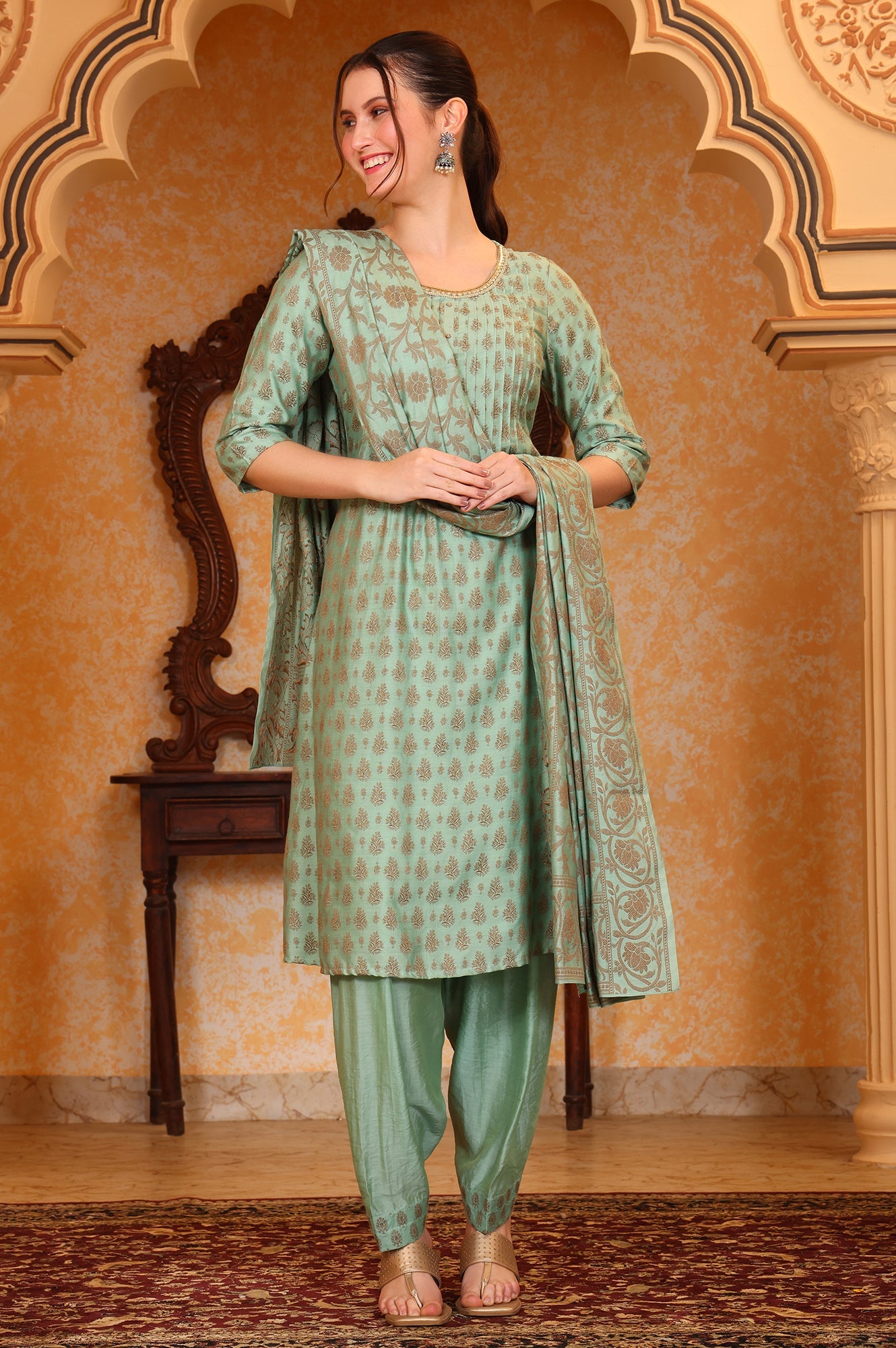 Aqua Abstract Printed Beads Embellished A-Line Jacquard Kurta, Salwar and Dupatta Set