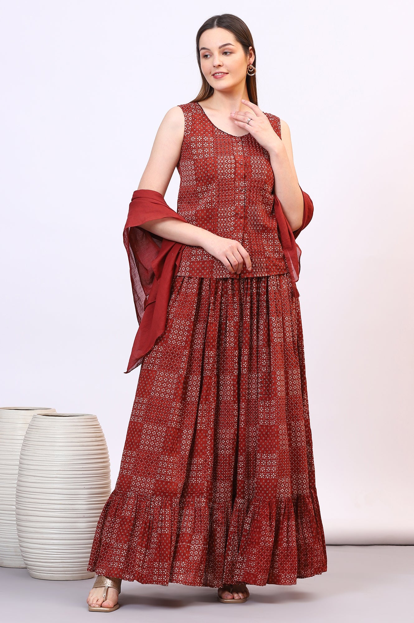 Brown Geometric Printed Pure Cotton Top, Skirt and Scarf Set