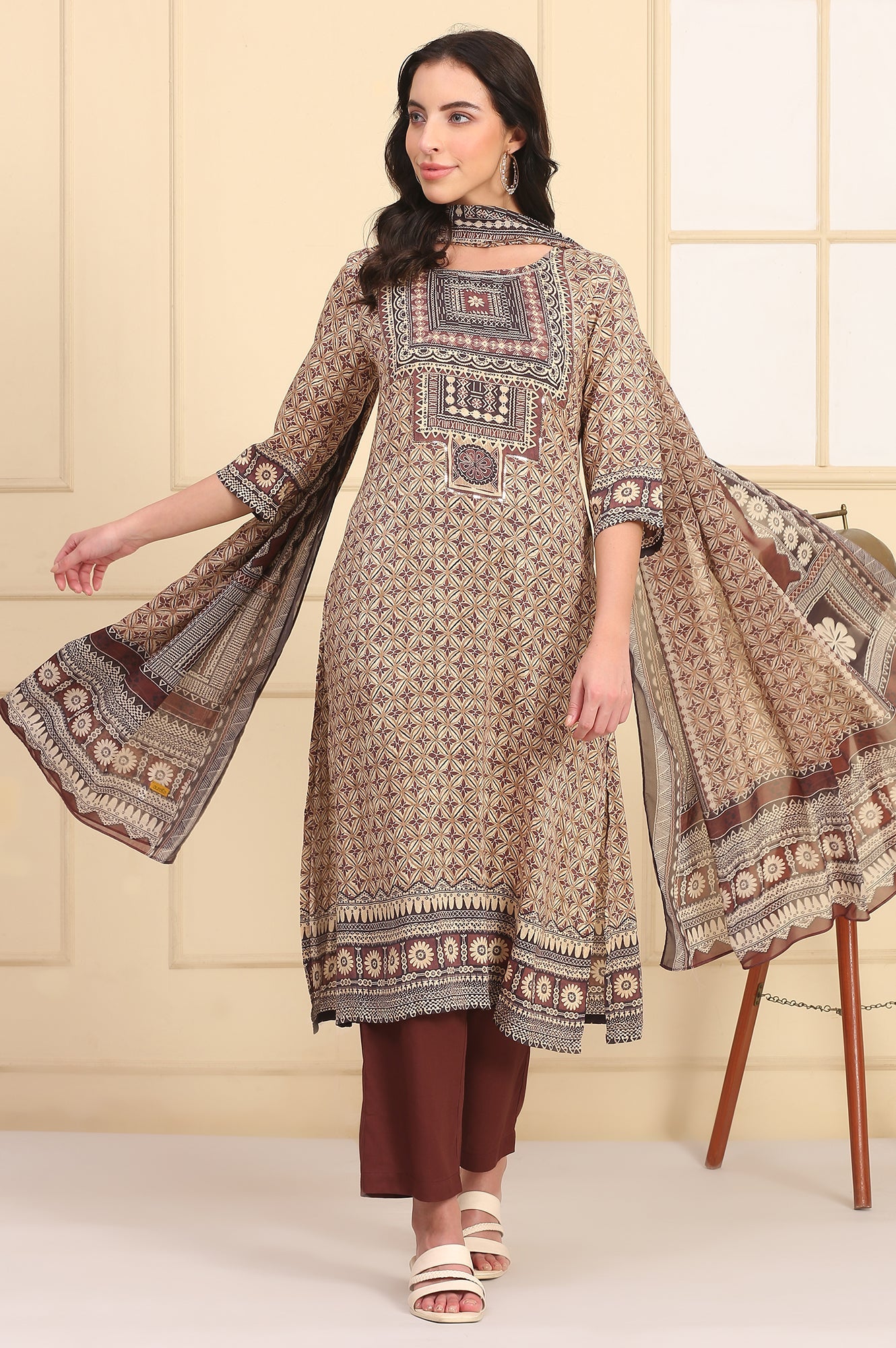 Brown Geometric Printed Sequins Straight Modal Kurta, Palazzos and Dupatta Set