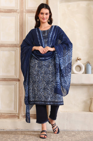 Blue Printed Sequinned Straight Modal Kurta, Trouser and Dupatta Set